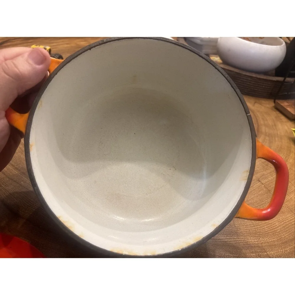 VTG 60s Descoware Flame Orange Enamel Cast Iron Dutch Oven FE 22-C Belgium 22cm